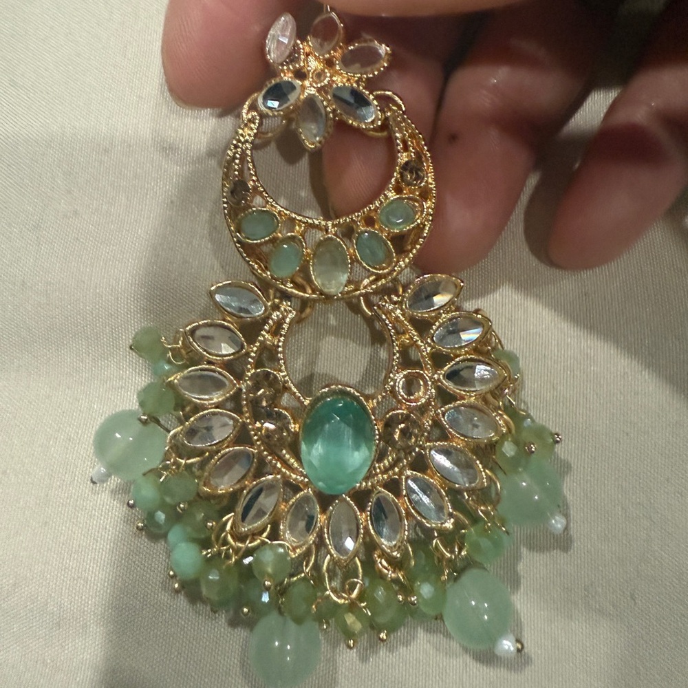 Source Unknown Gold And Teal Statement Earrings - image 2